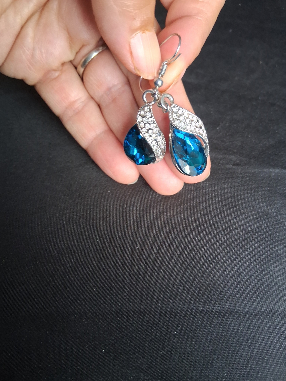 Blue Teardrop Crystal Dangle Earrings with Silver Pavé Detail - Picture 5 of 5
